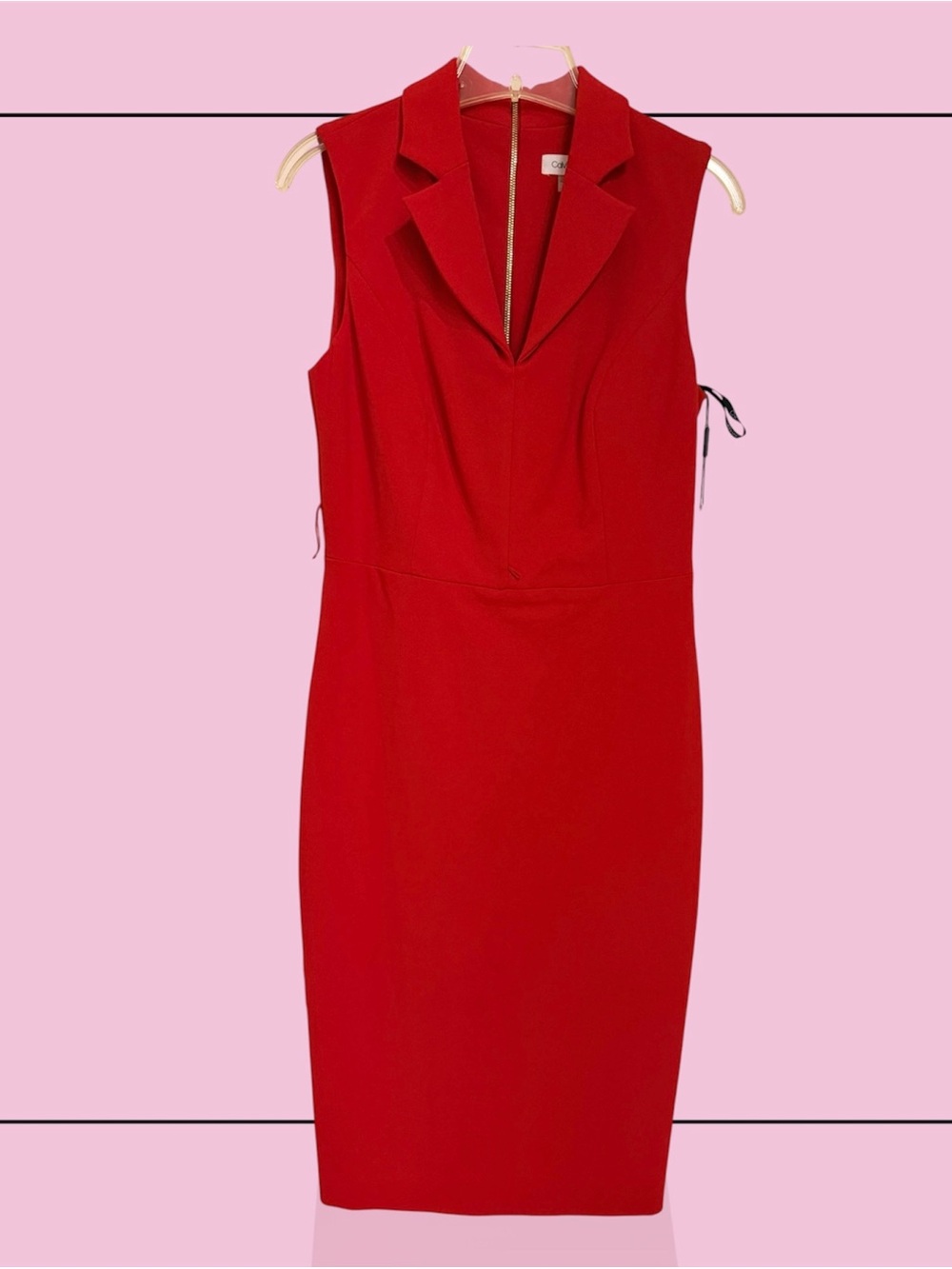 Calvin Klein Sleeveless Red Tailored Sheath Dress, Collar, V-Neck, Lined, Sz 6